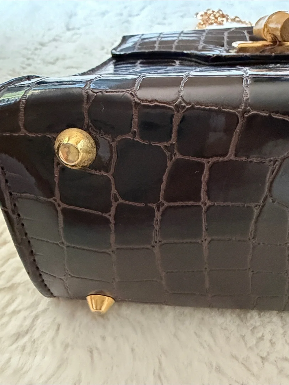 Comeco, Brown Croc-Embossed Bamboo-Handle Top-Handle Bag